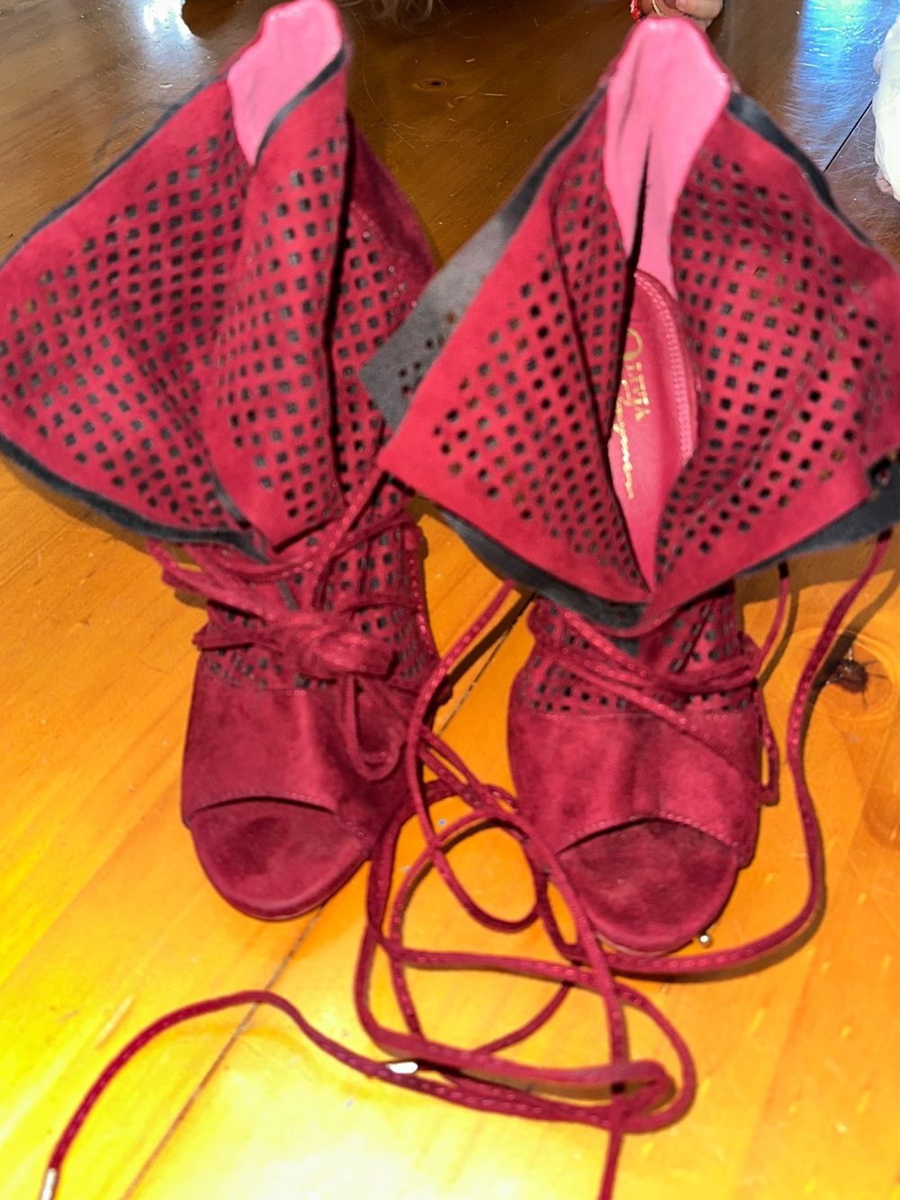 Lace-Up Open-Toe High Heel Sandals in Burgundy